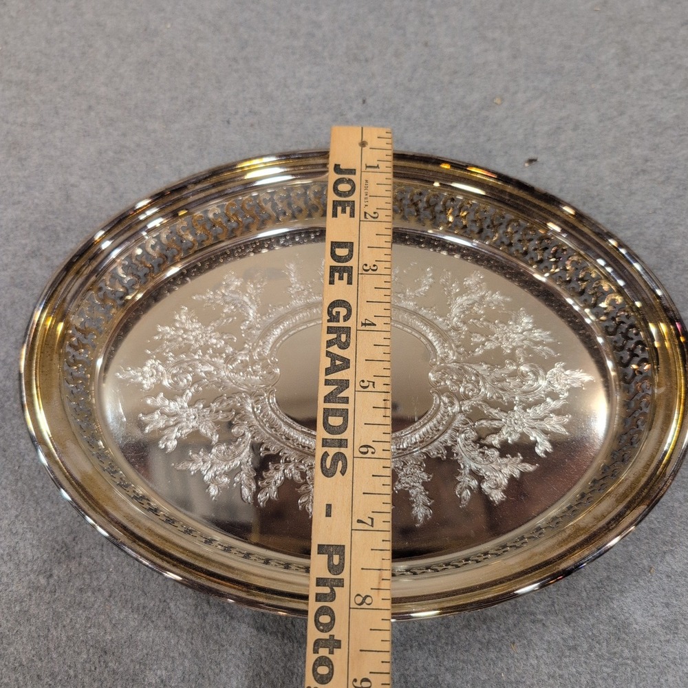 Oneida Silver Plate Oval Pierced Gallery Tray Etched Floral Made in USA - Picture 5 of 8
